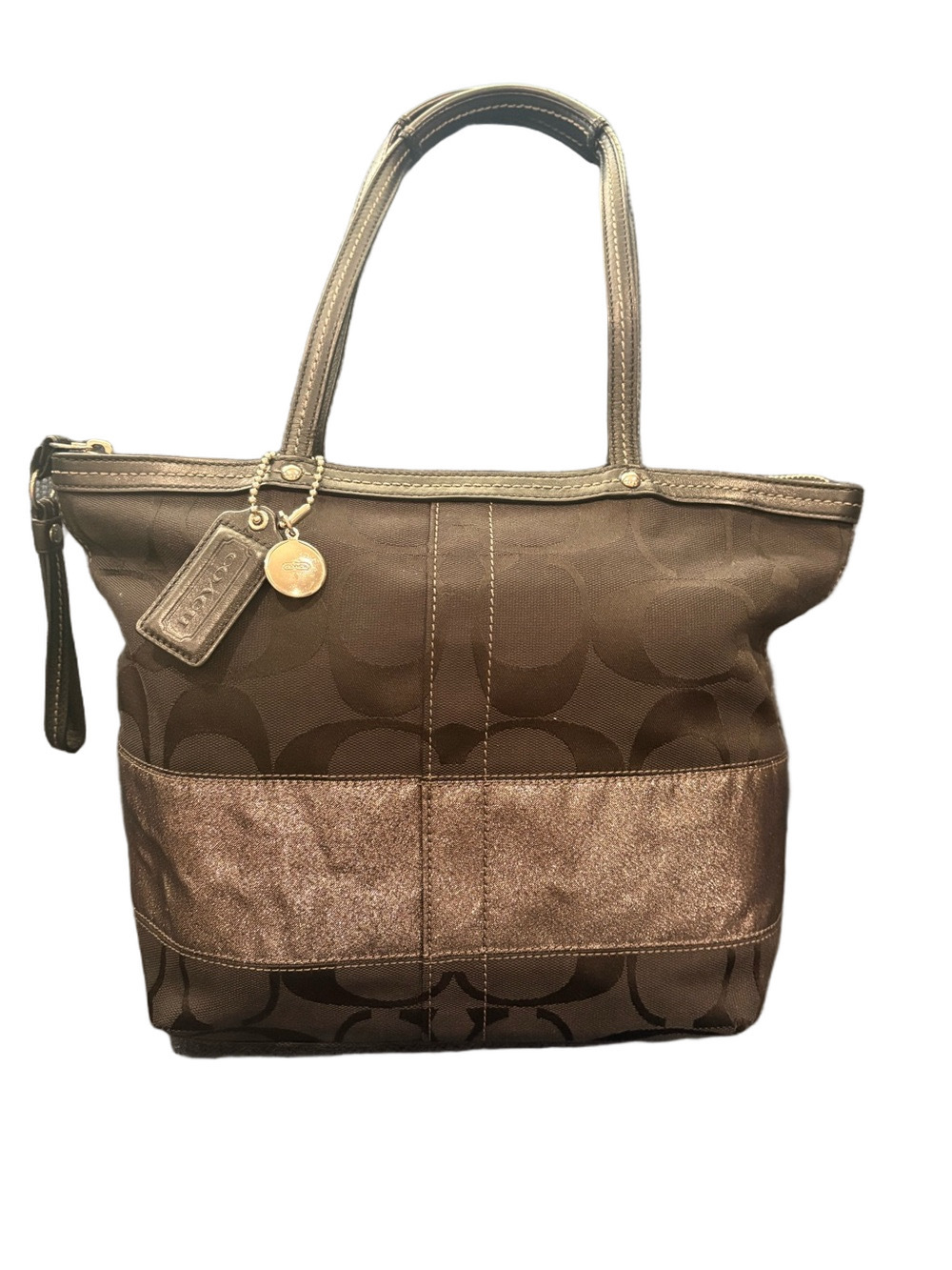COACH Signature Stripe Tote Bag Black Jacquard Canvas Metallic Accent EUC
